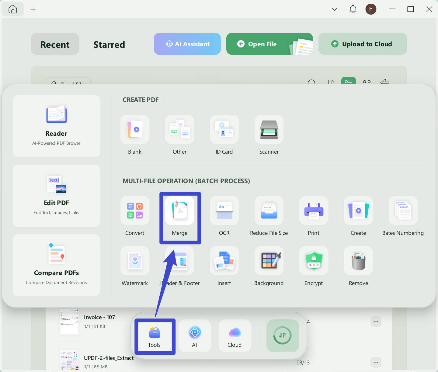 choose merge from the UPDF Windows home interface