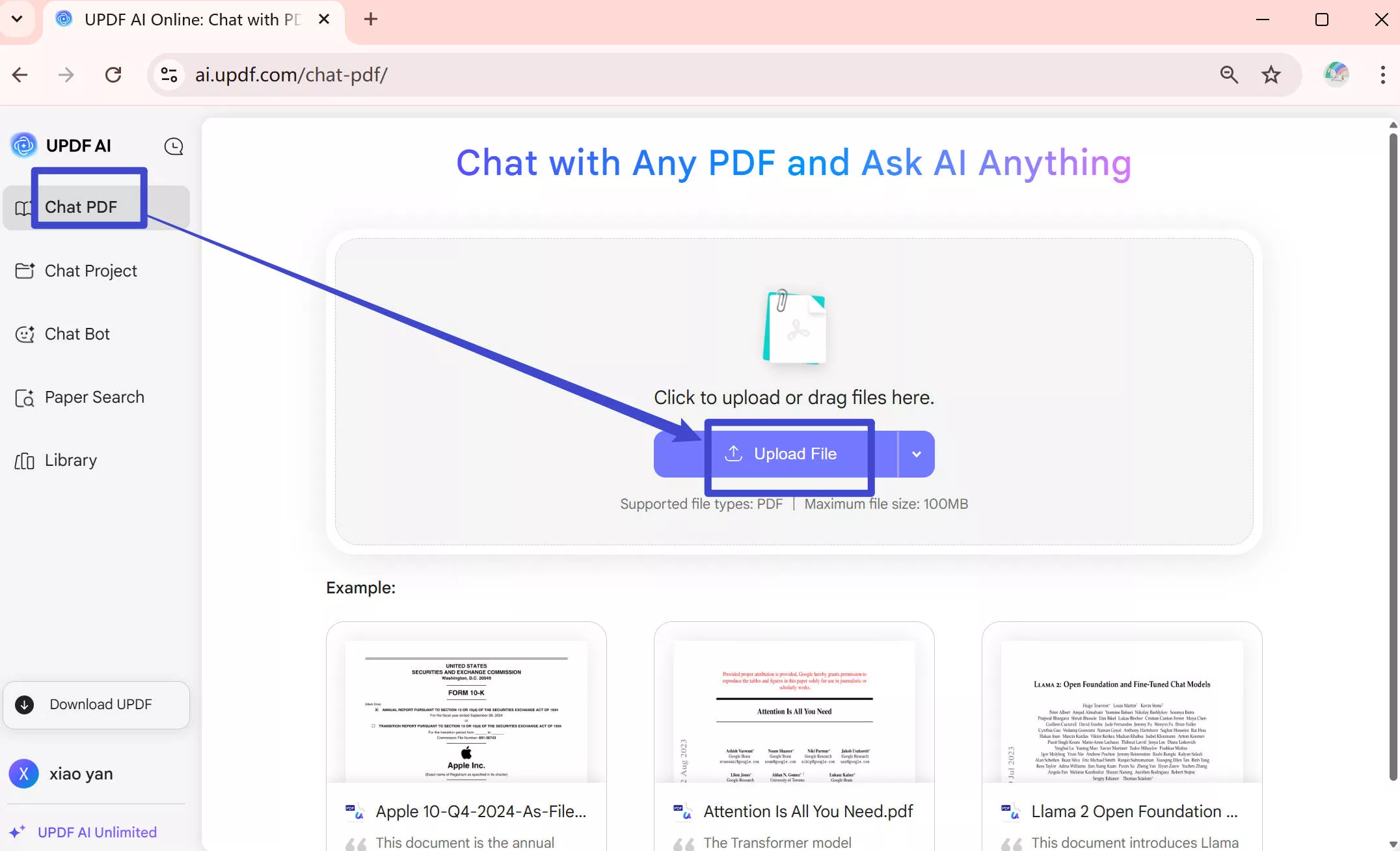 Start chatting with PDF with UPDF AI Online version 2