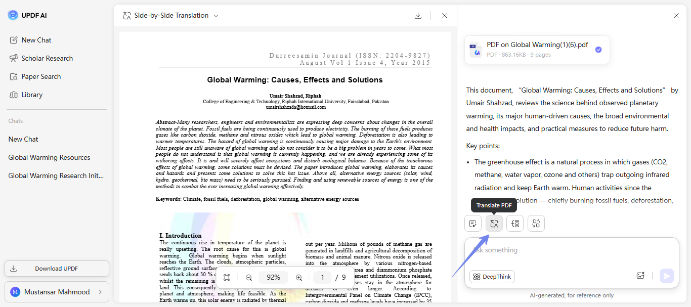 click the translate pdf icon