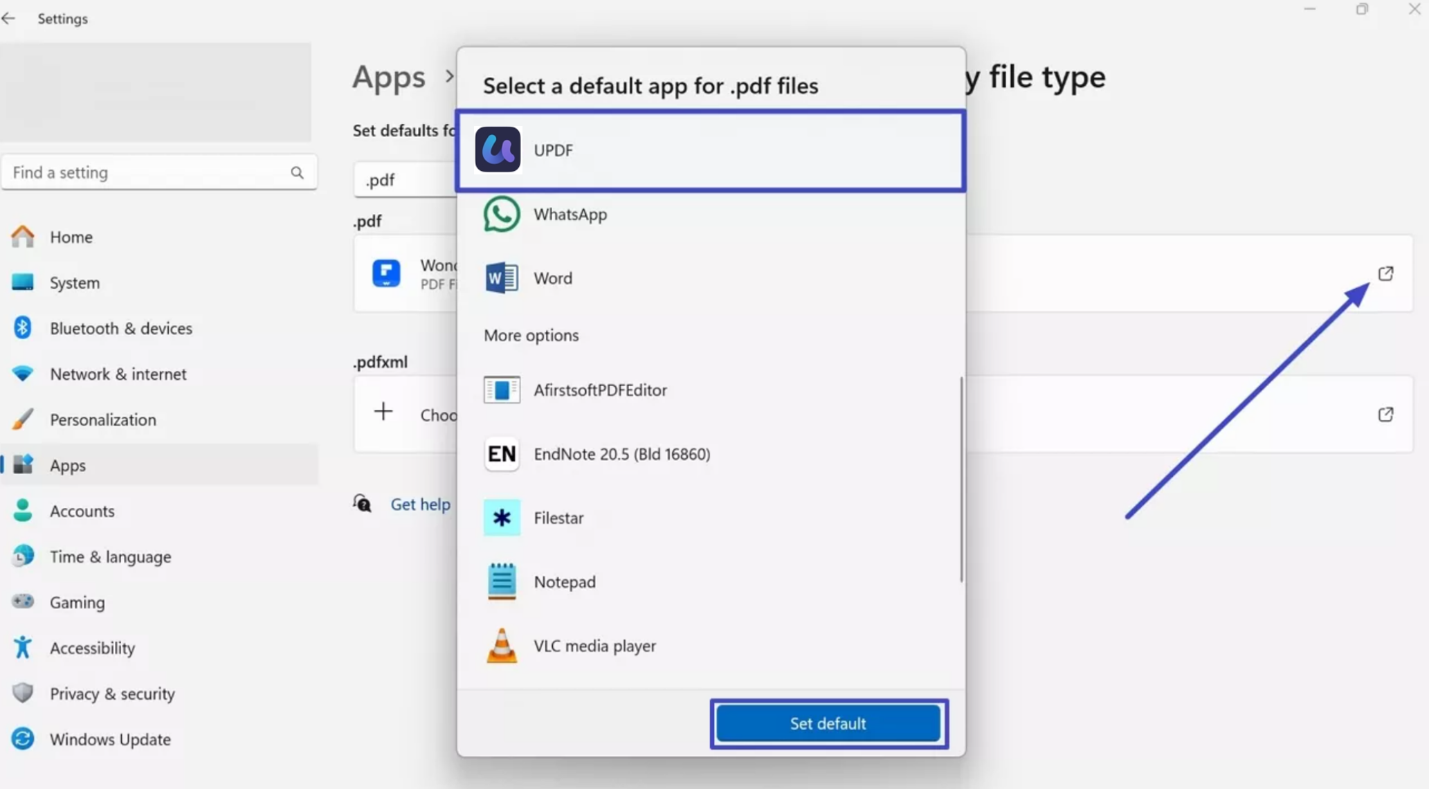 sélectionnez updf comme application par défaut