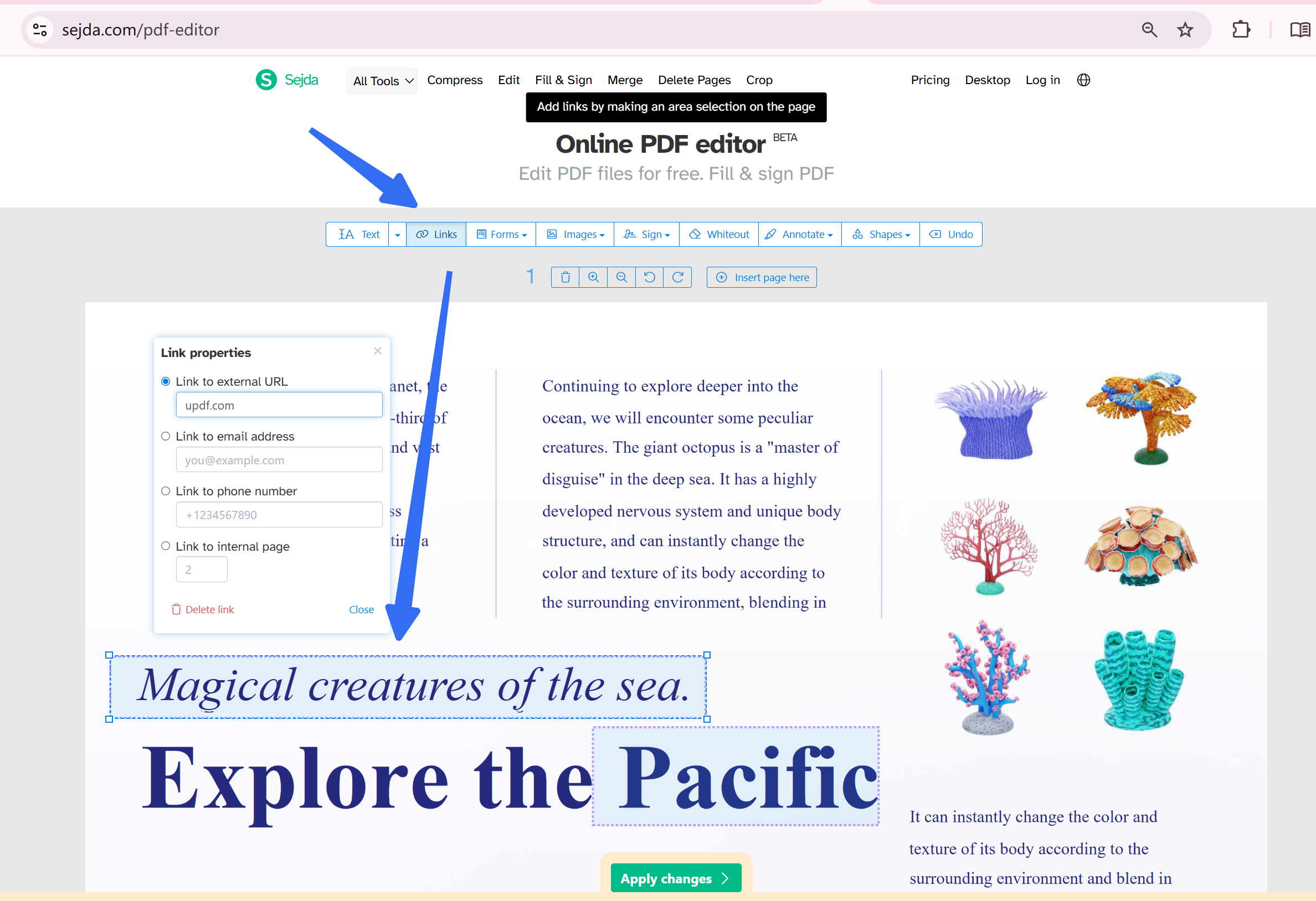 edit link in pdf online sejda