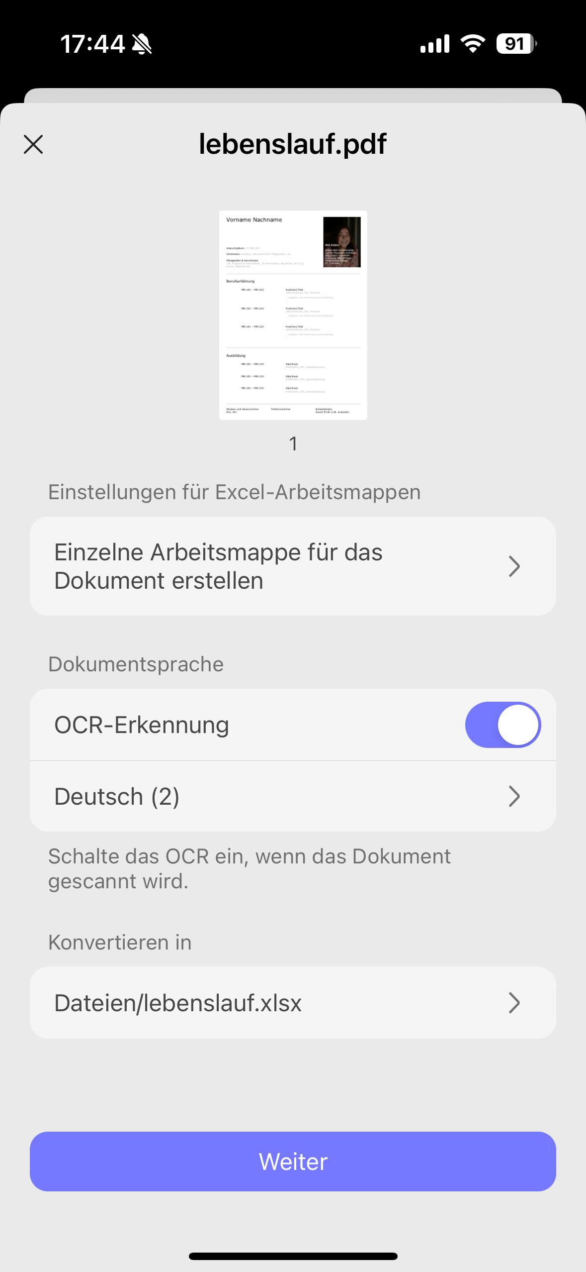 PDF in Excel auf dem Smartphone umwandeln