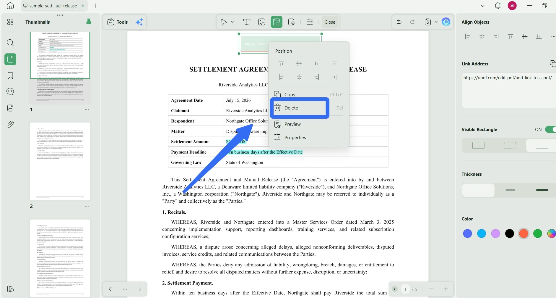 delete link for PDF