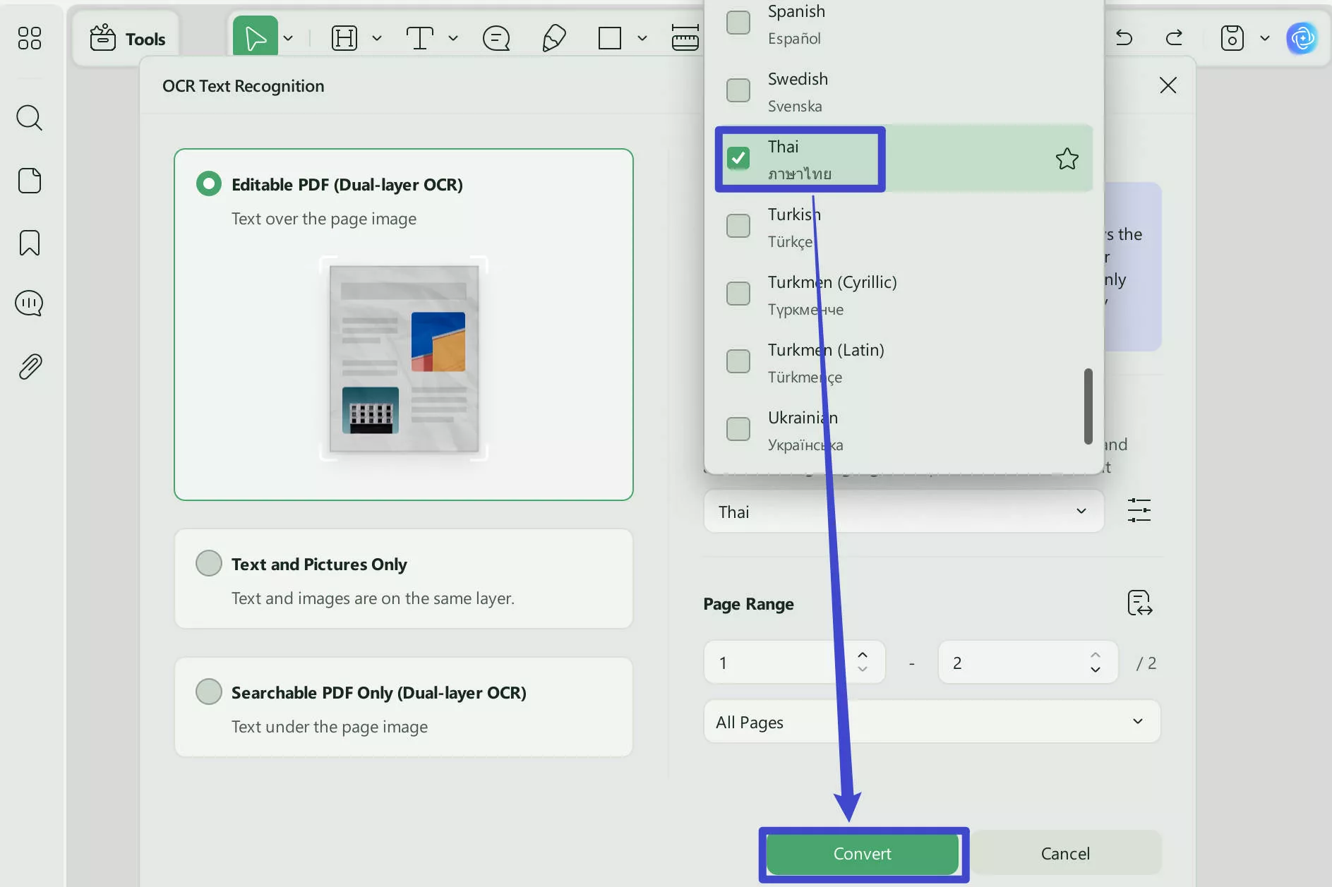 Select Thai to perform OCR with UPDF on Windows
