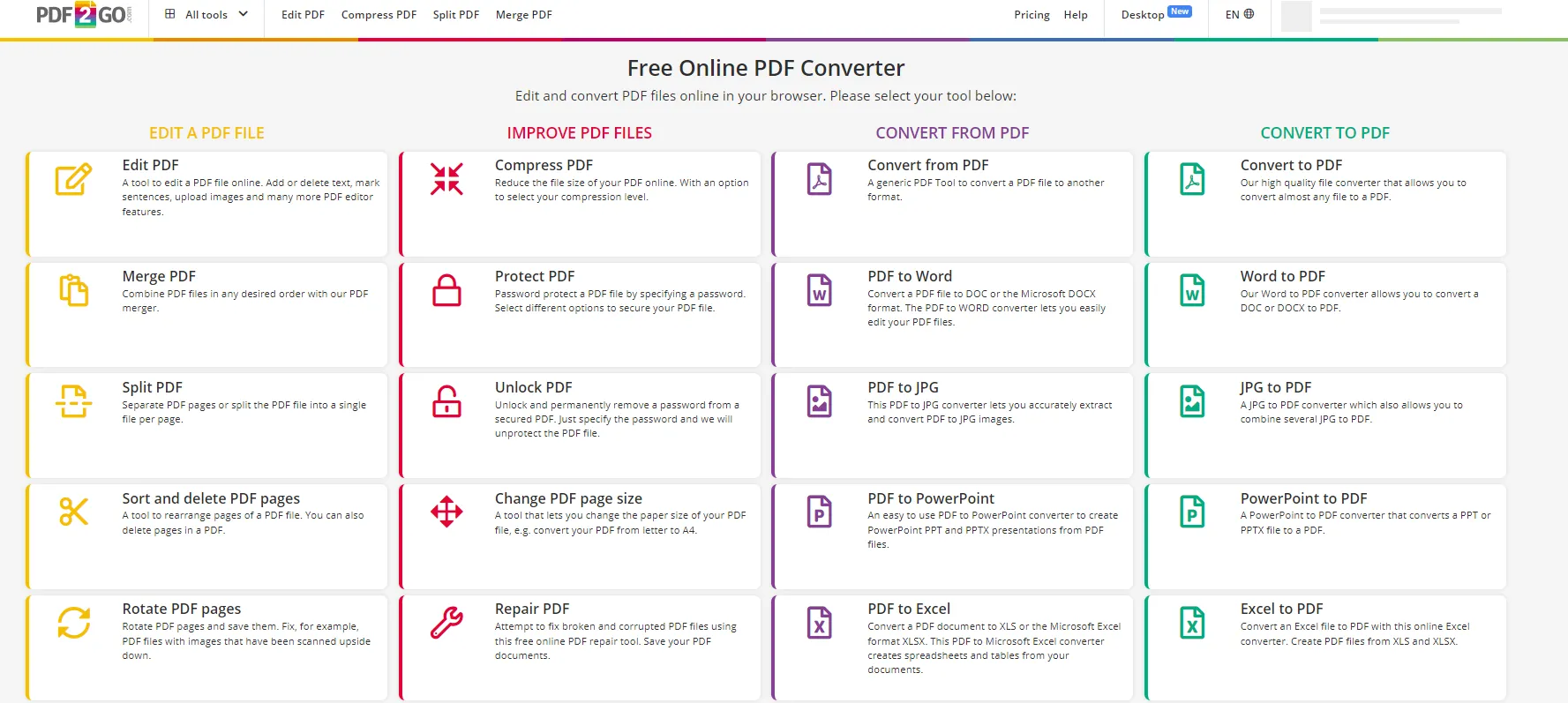 jpg to pdf converter pdf2go interface