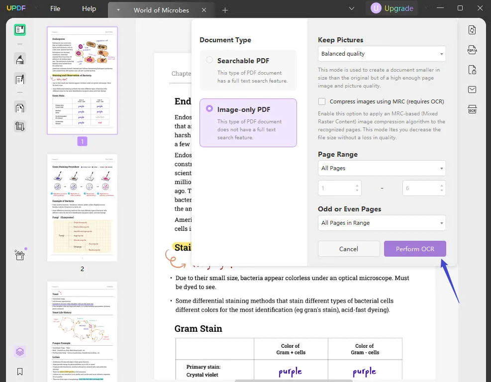 click the perform ocr button to convert pdf in updf