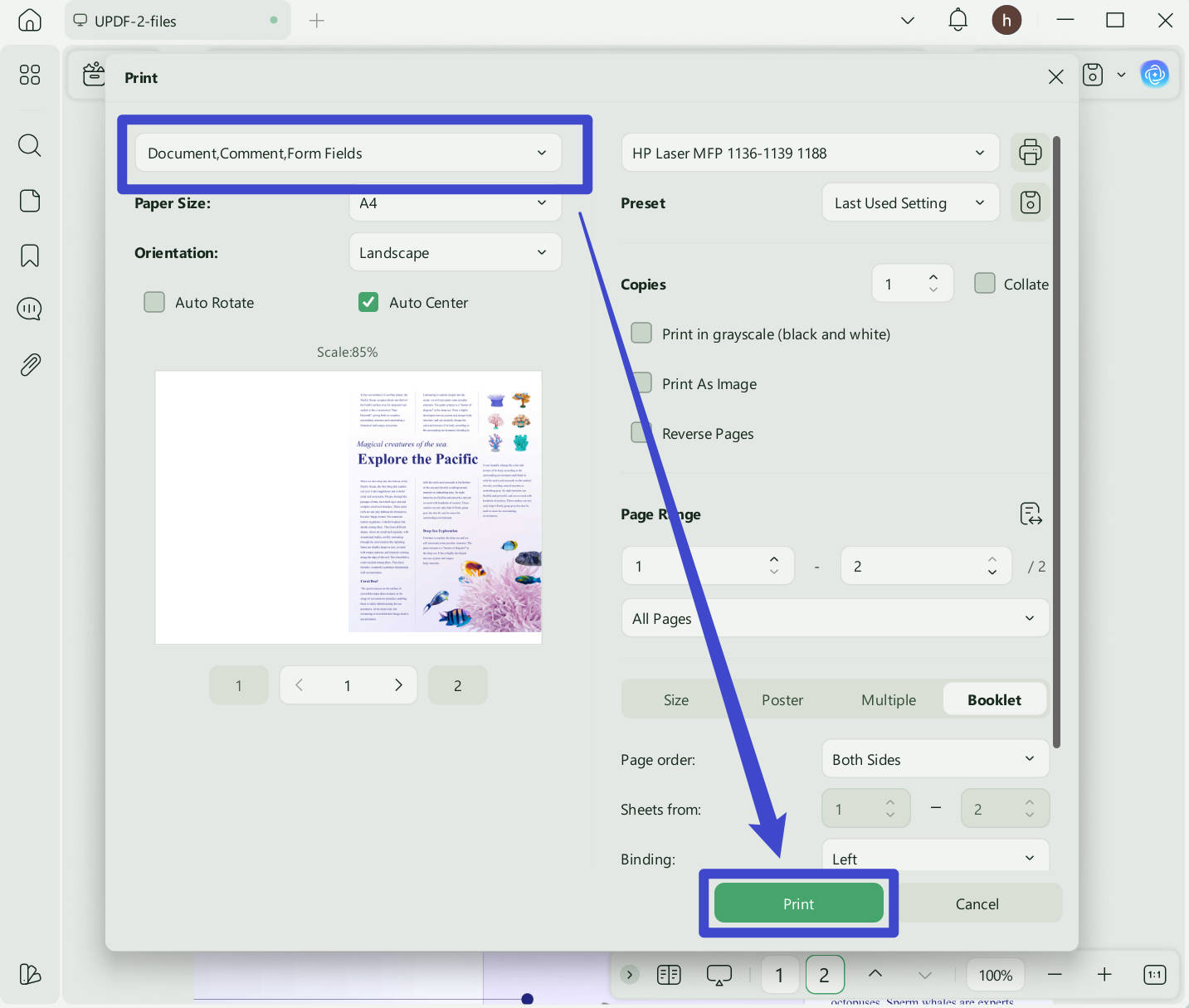 print setting updf windows