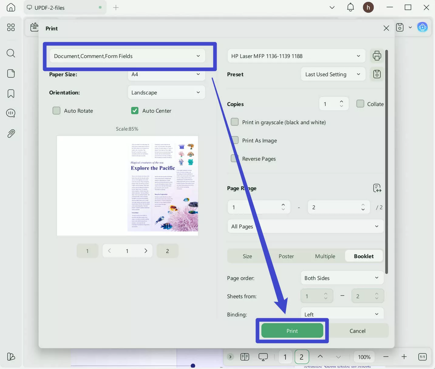 print setting updf windows
