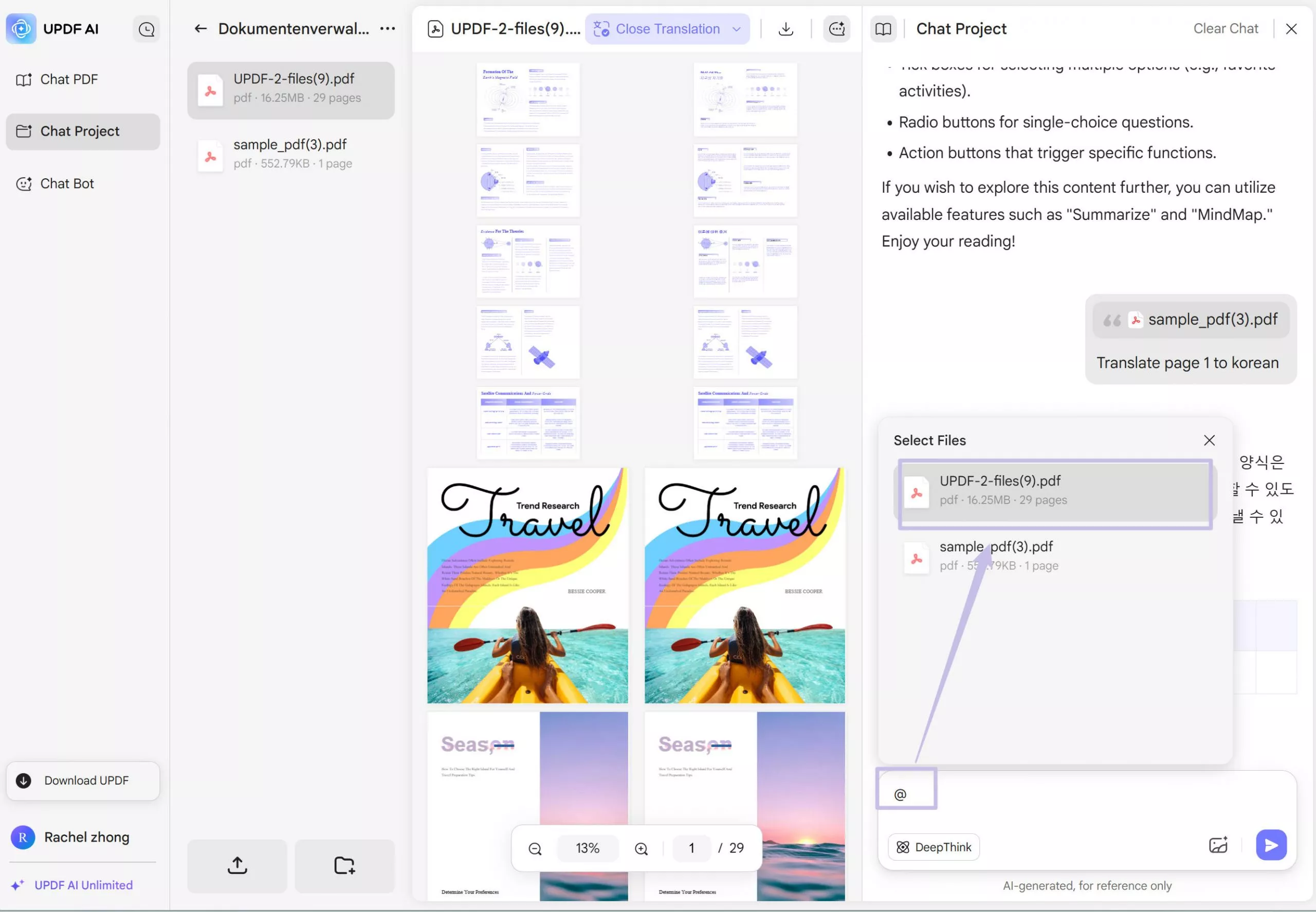 Translate with specific project UPDF AI Online version 2.