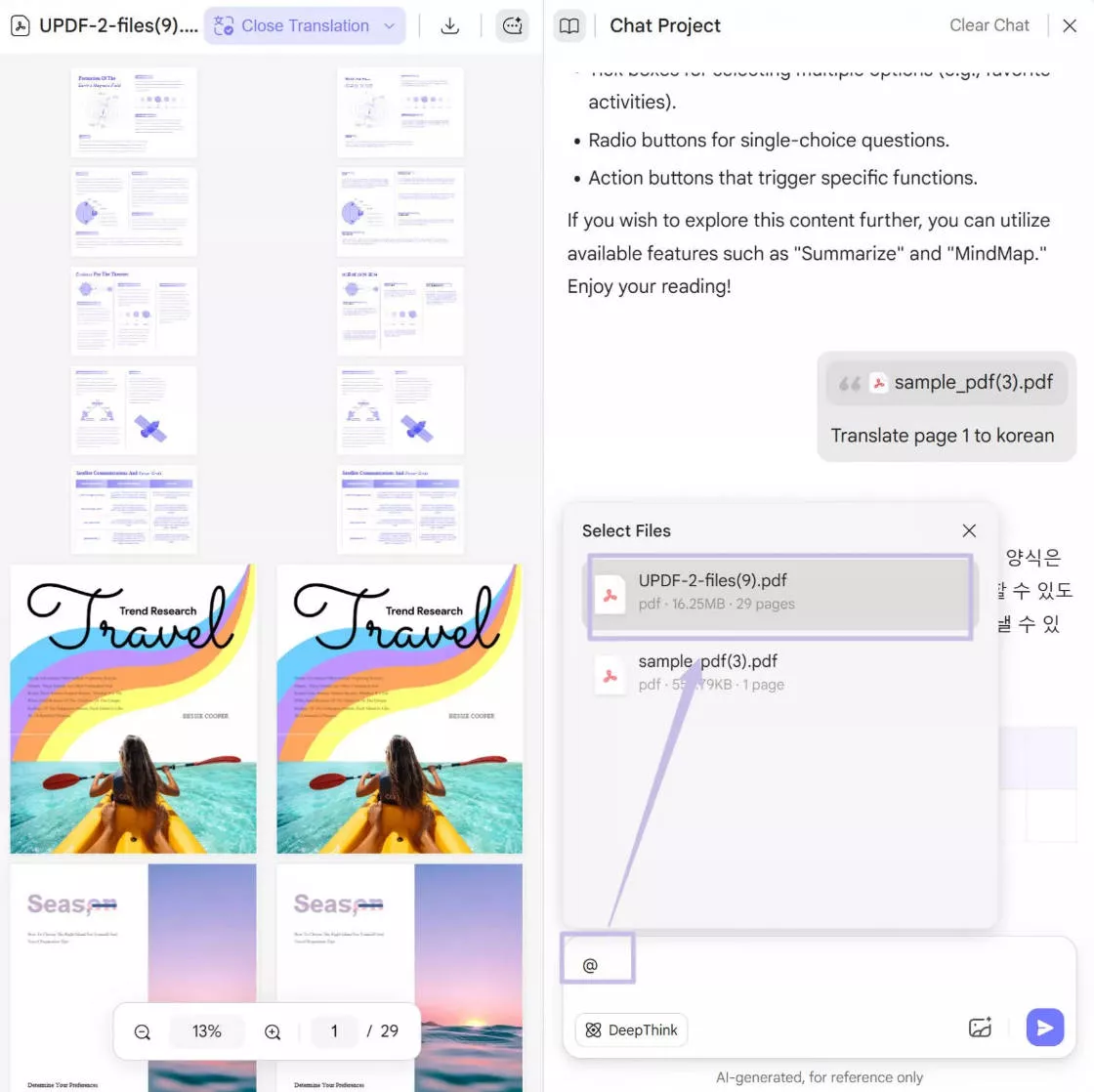 Translate with specific project UPDF AI Online version 2.