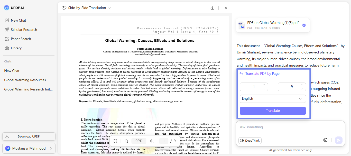 select page range and click translate