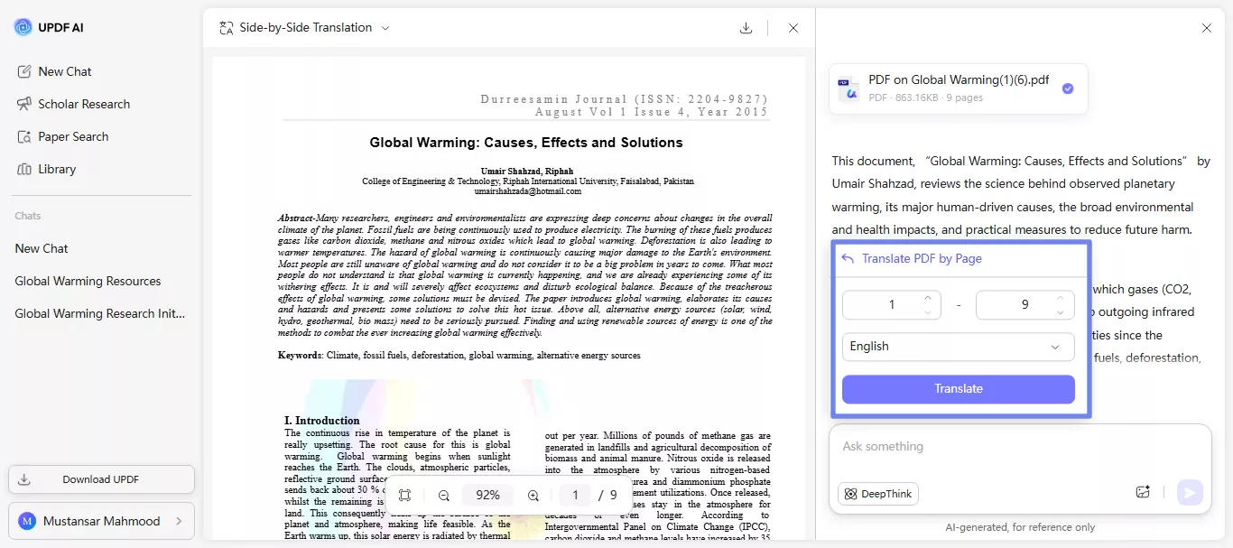 select page range and click translate