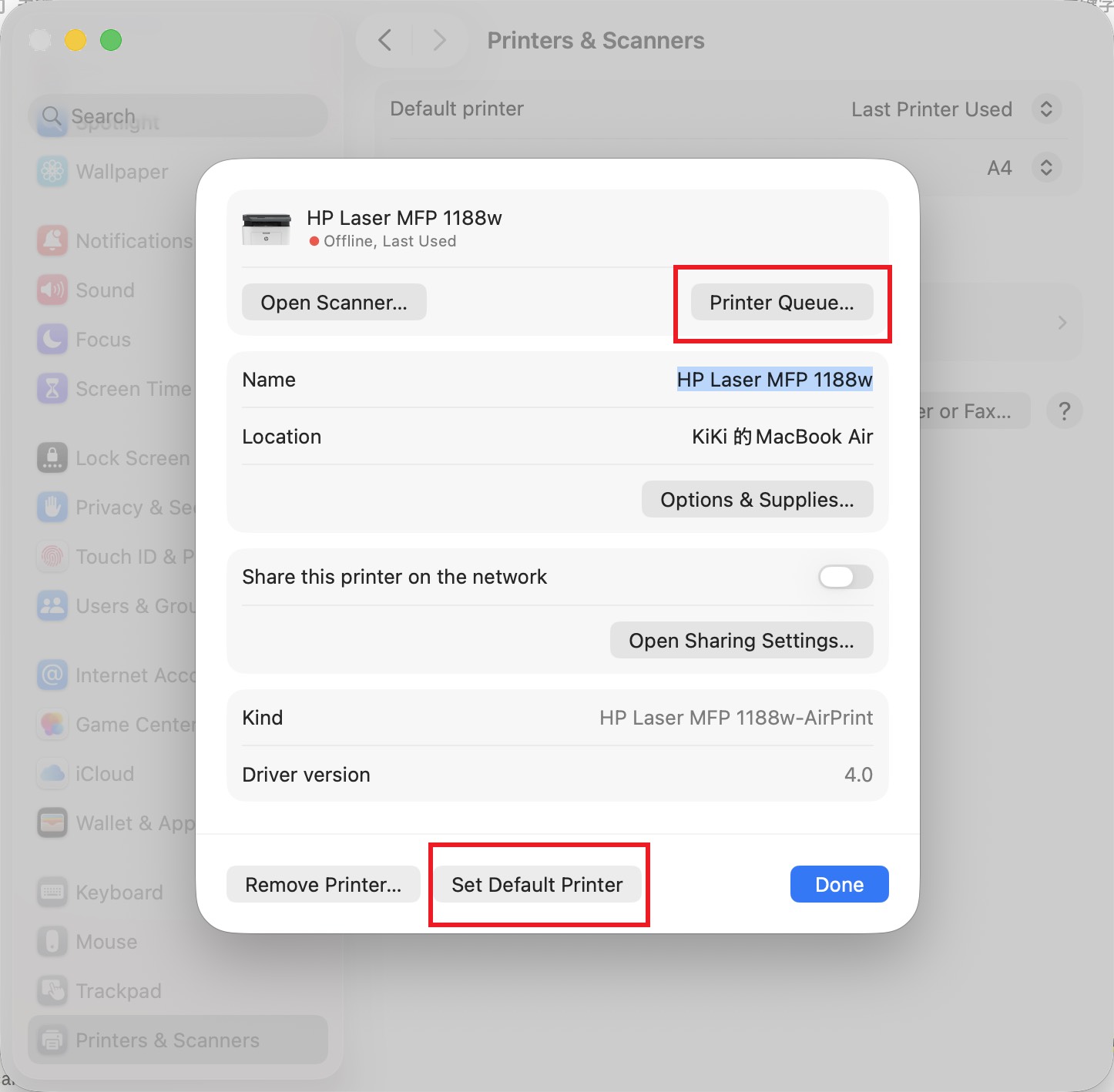 set default printer mac and check printer queue