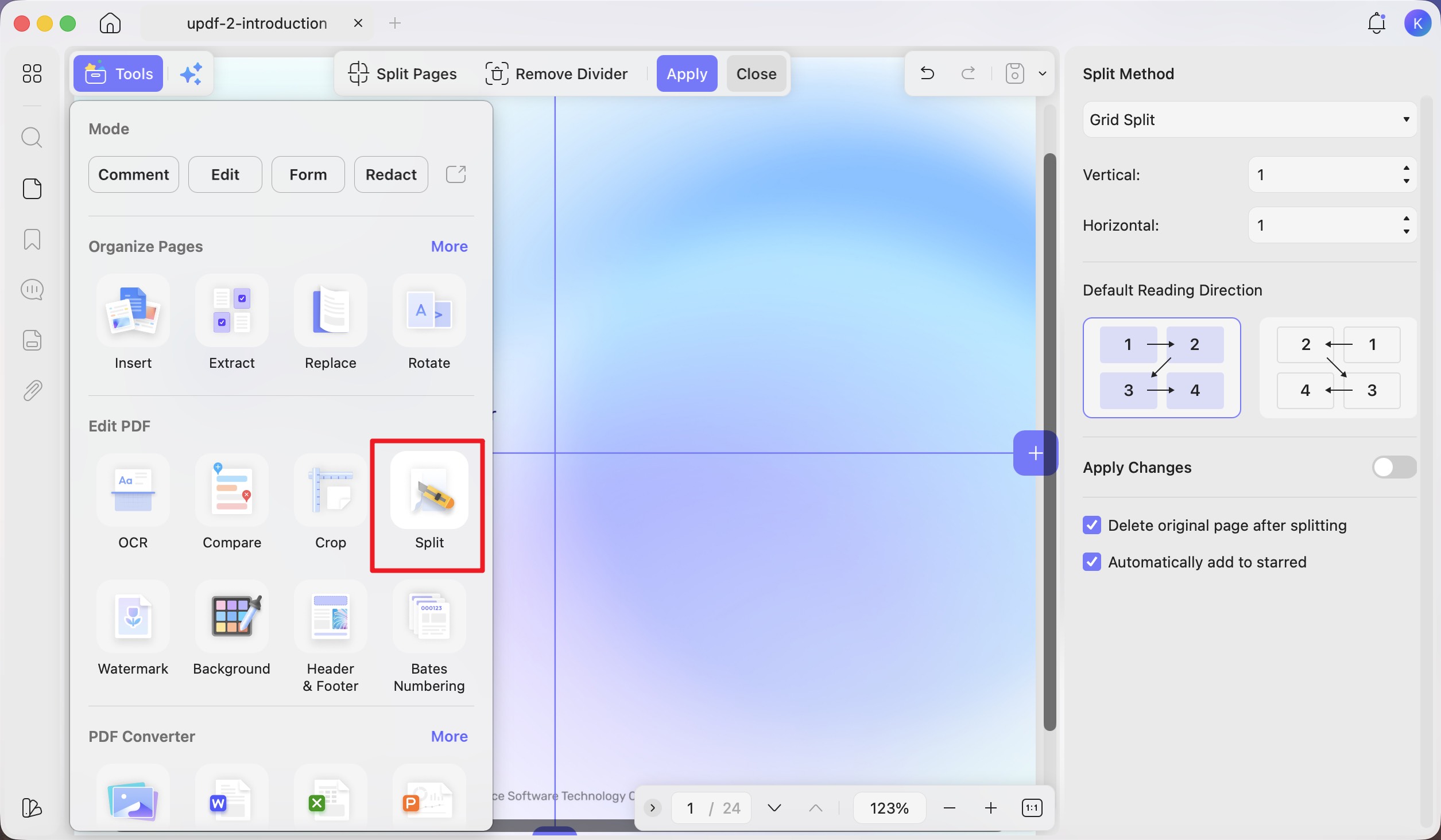 split a page in a pdf with updf mac