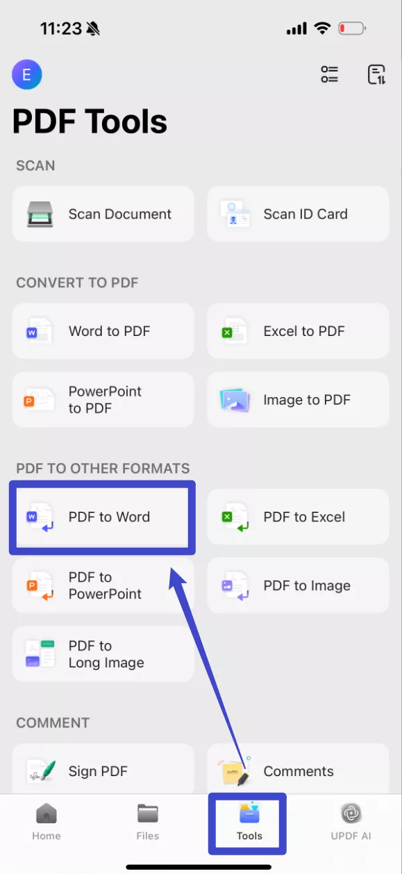 click the "Tools" icon at the bottom, then select "PDF to Word"