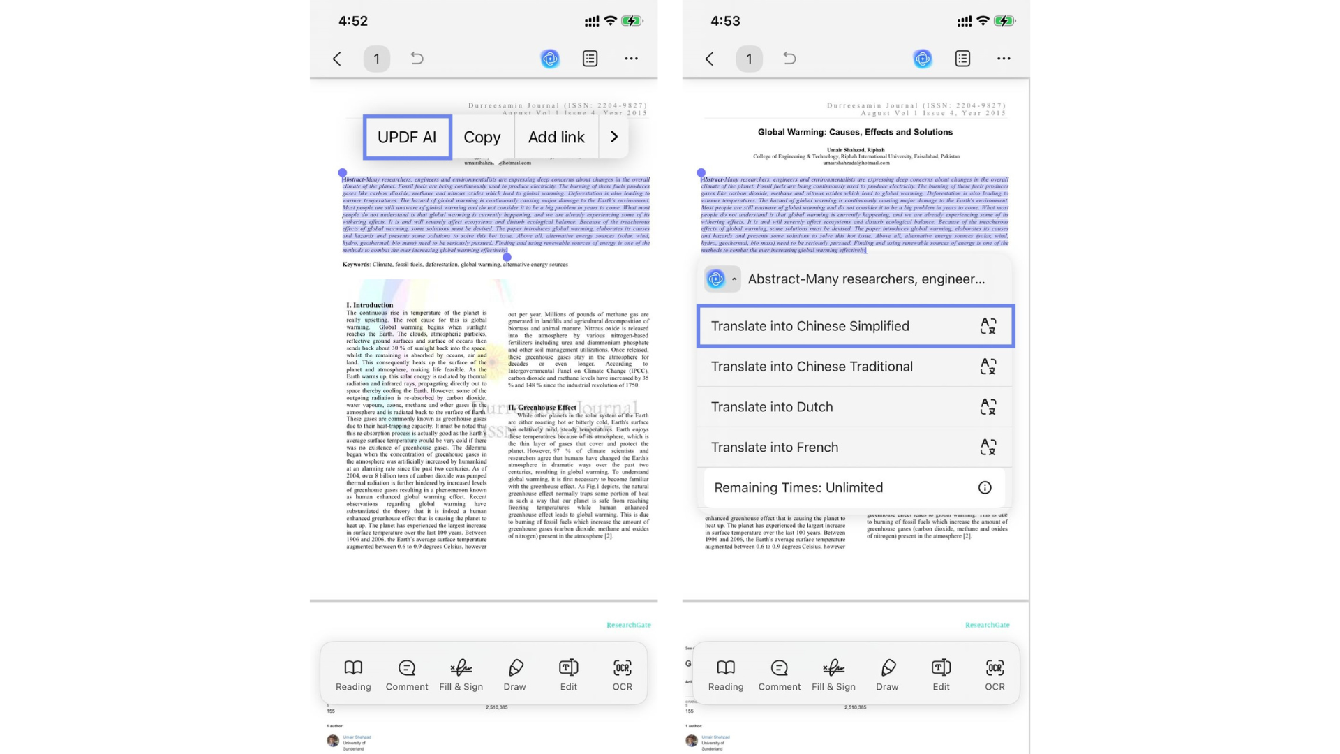 updf ai for selected text translation
