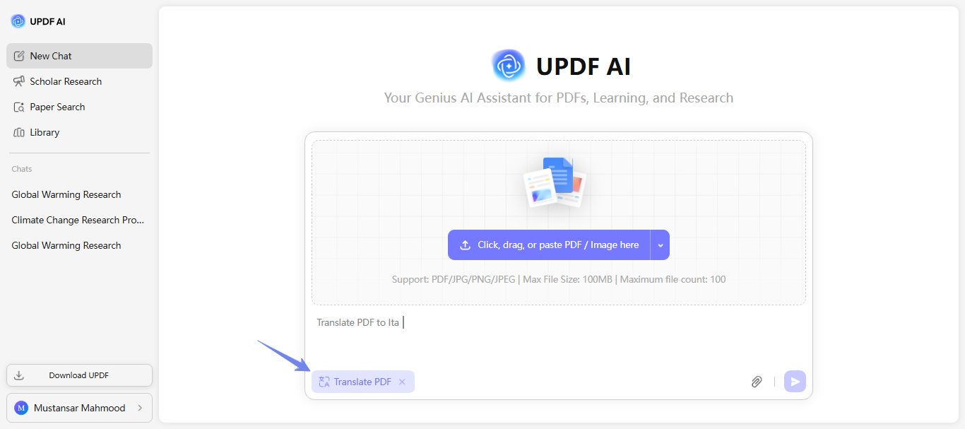 select translate and upload your pdf