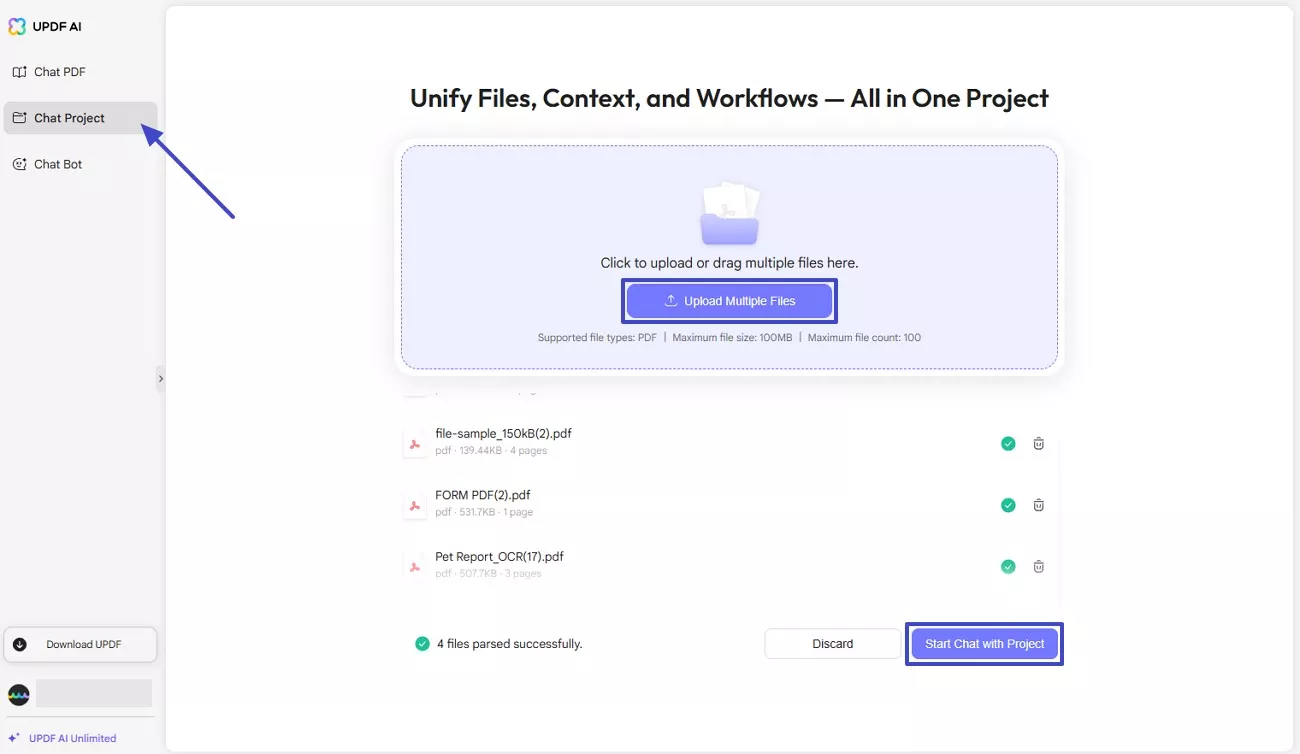 translate multiple pdfs with chat project