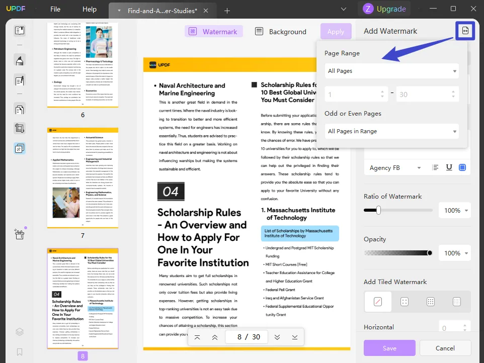 modifica il range di pagine per la filigrana