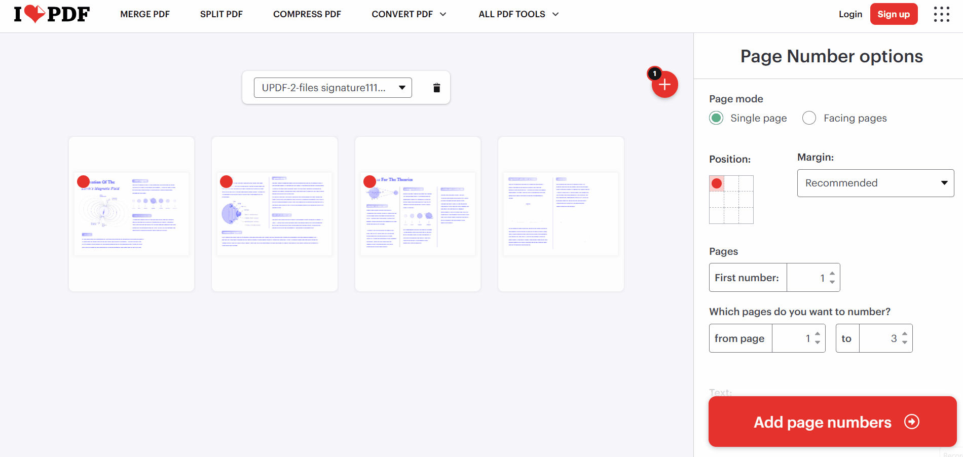 online add page number ilovepdf tool