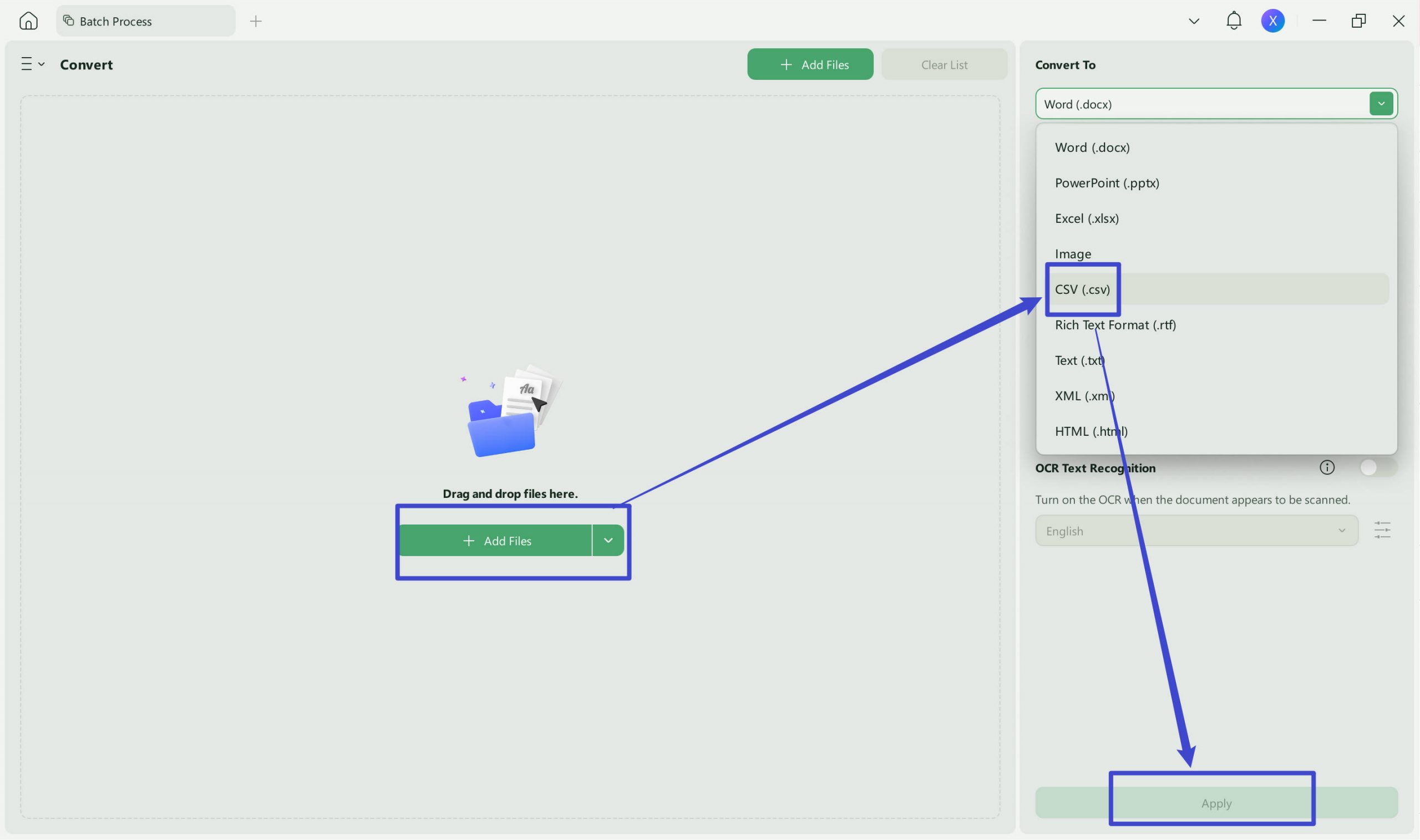 Batch convert PDFs to CSV in UPDF
