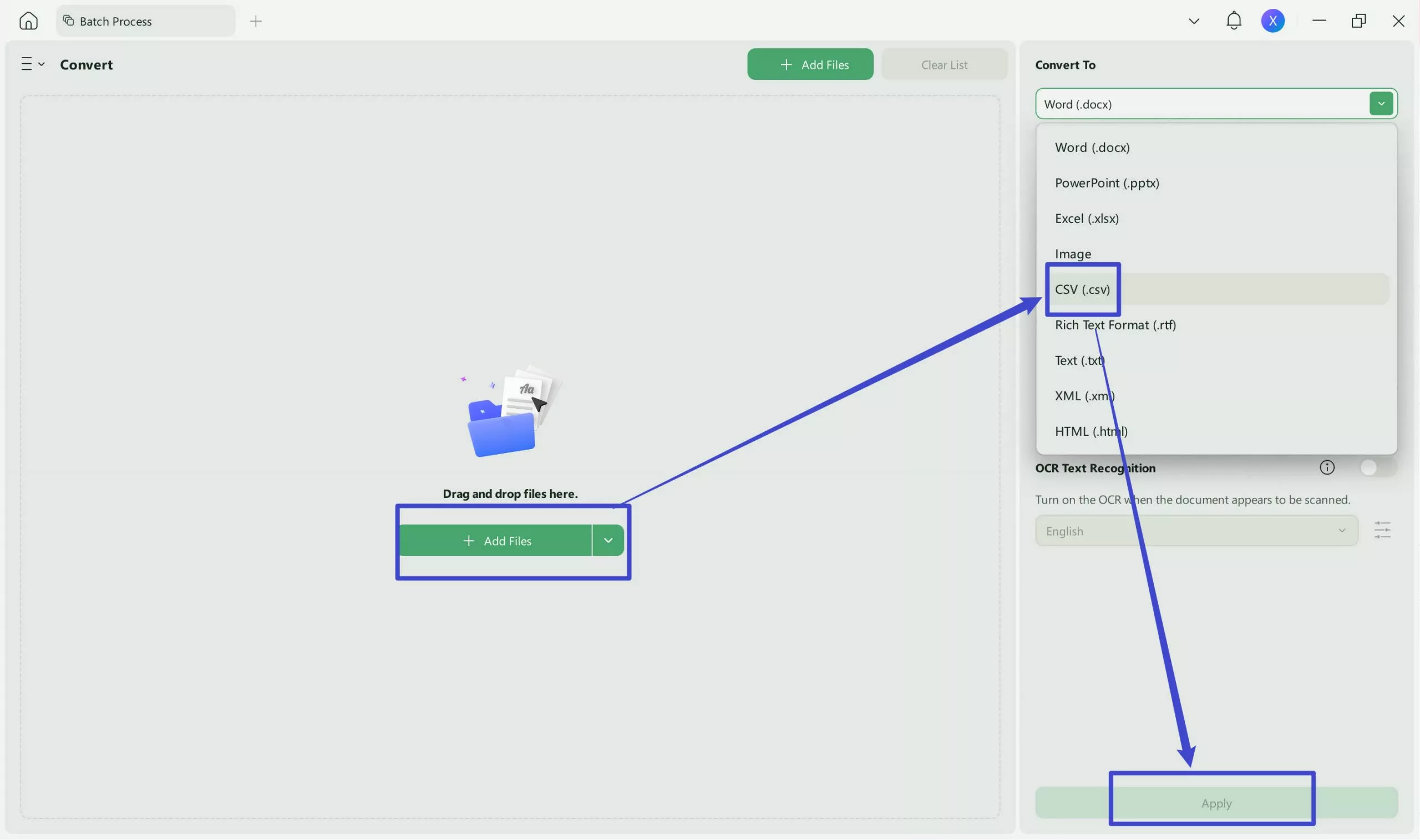 Batch convert PDFs to CSV in UPDF