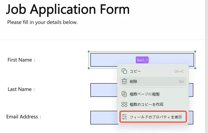フィールドのプロパティを表示