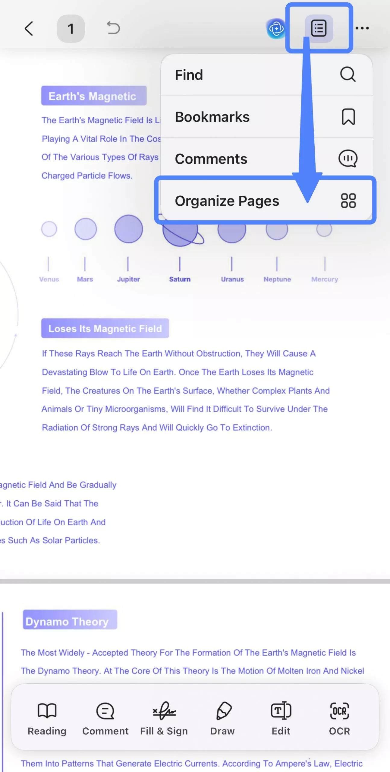 click organize pages button