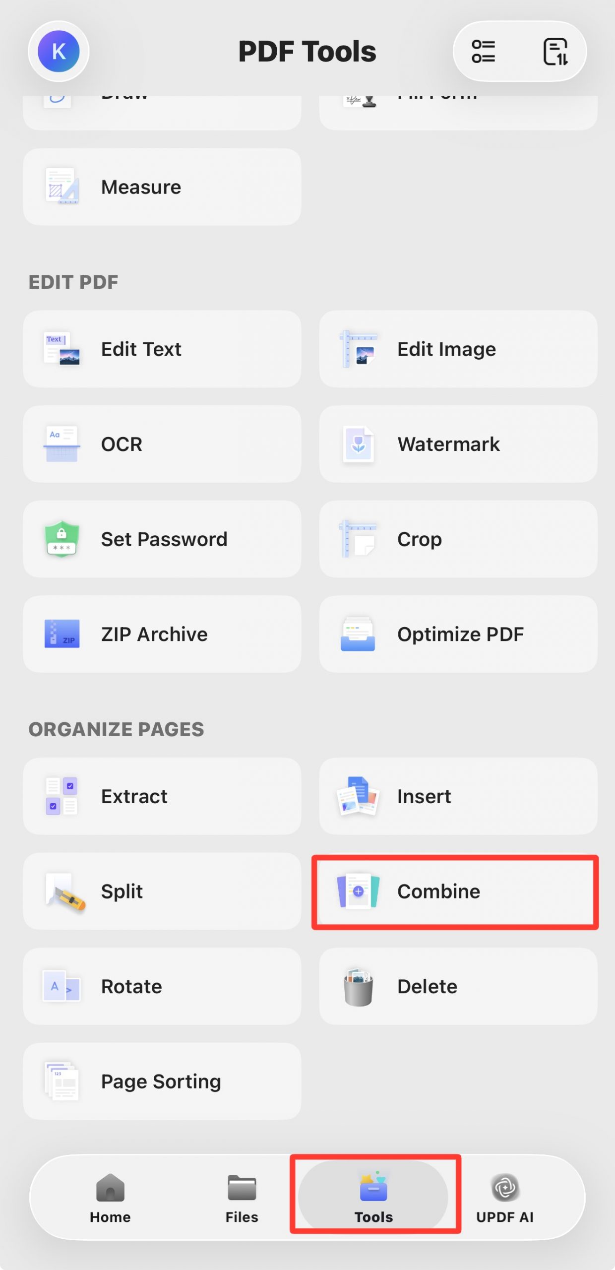 combine feature from the updf ios tools menu