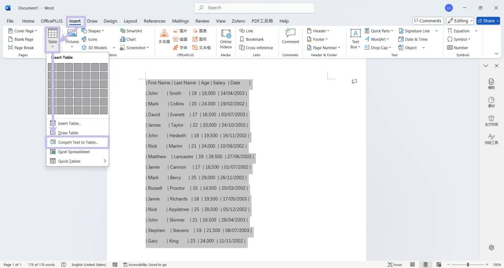 convert text to table in word