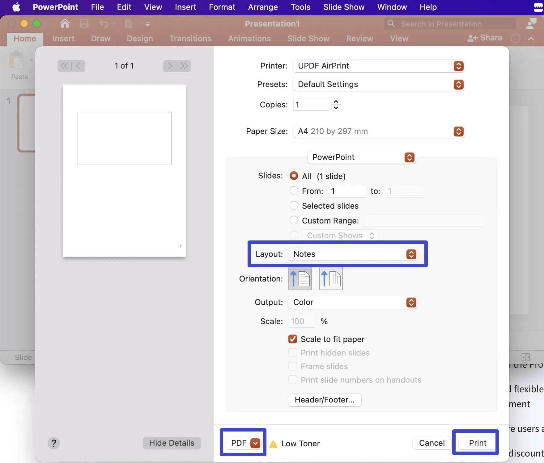 how to save PowerPoint as PDF with notes on mac