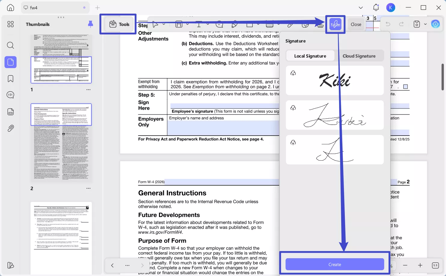 create a signature on w-4