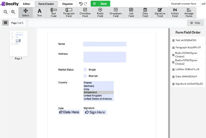 Application pour remplir un PDF en ligne, Docfly