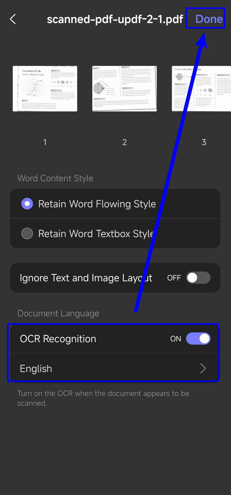 enable ocr to convert scanned PDF to word UPDF Android