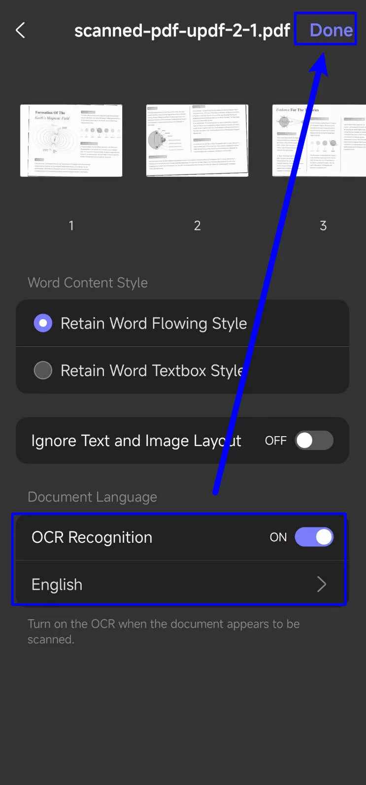 enable ocr to convert scanned PDF to word UPDF Android