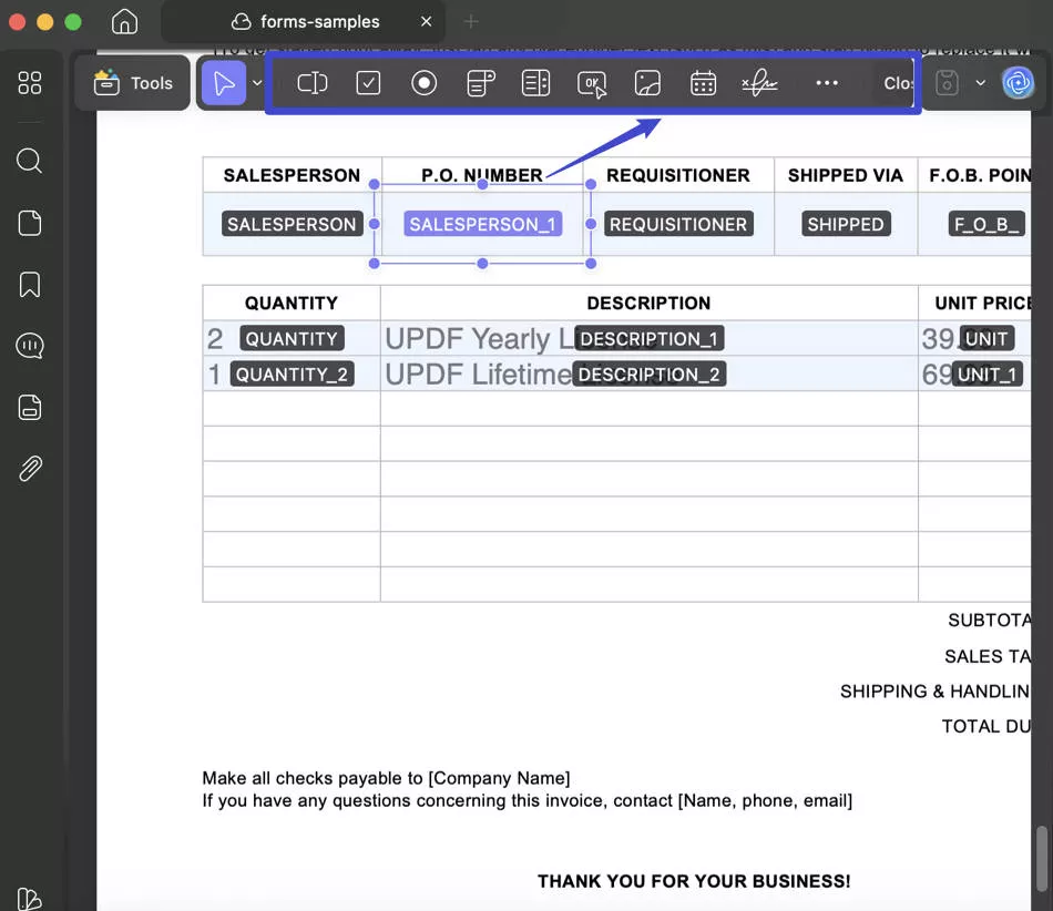 add form fields with updf mac