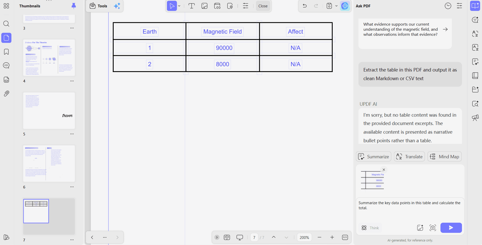 use updf ai analyze table