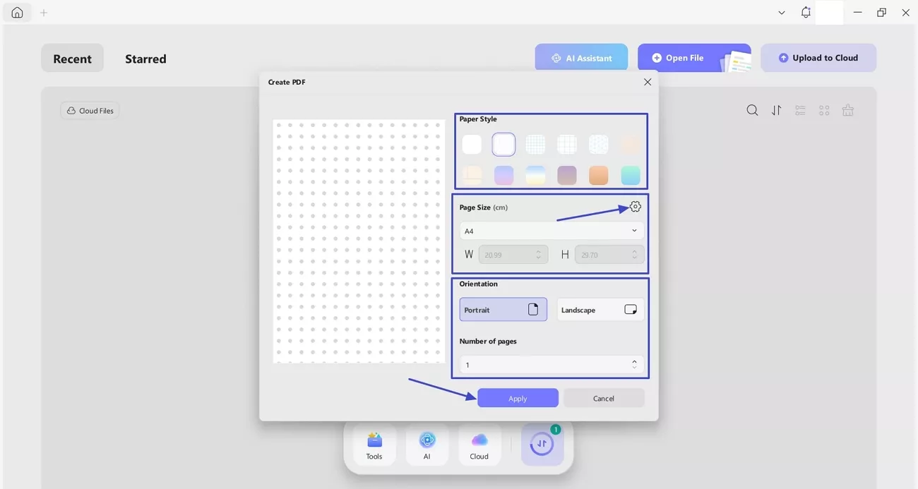adjust settings create blank pdf updf
