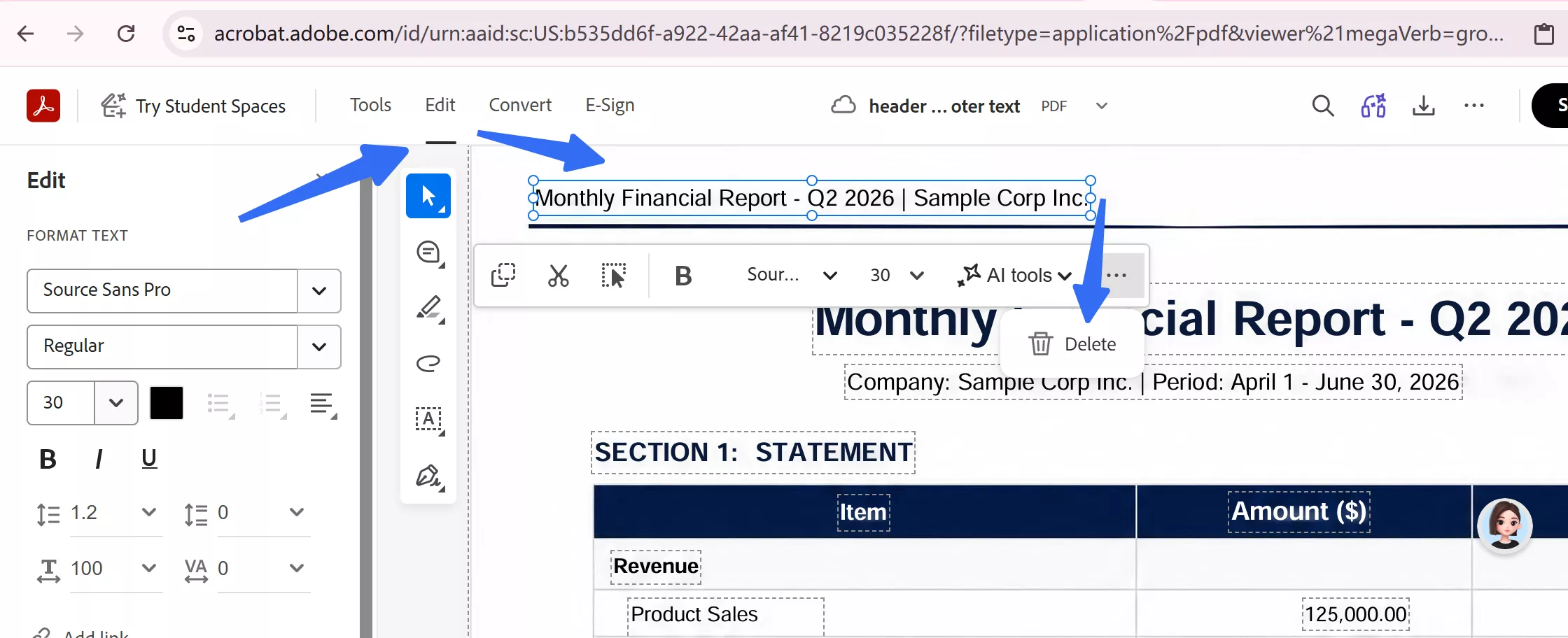 remove header and footer adobe