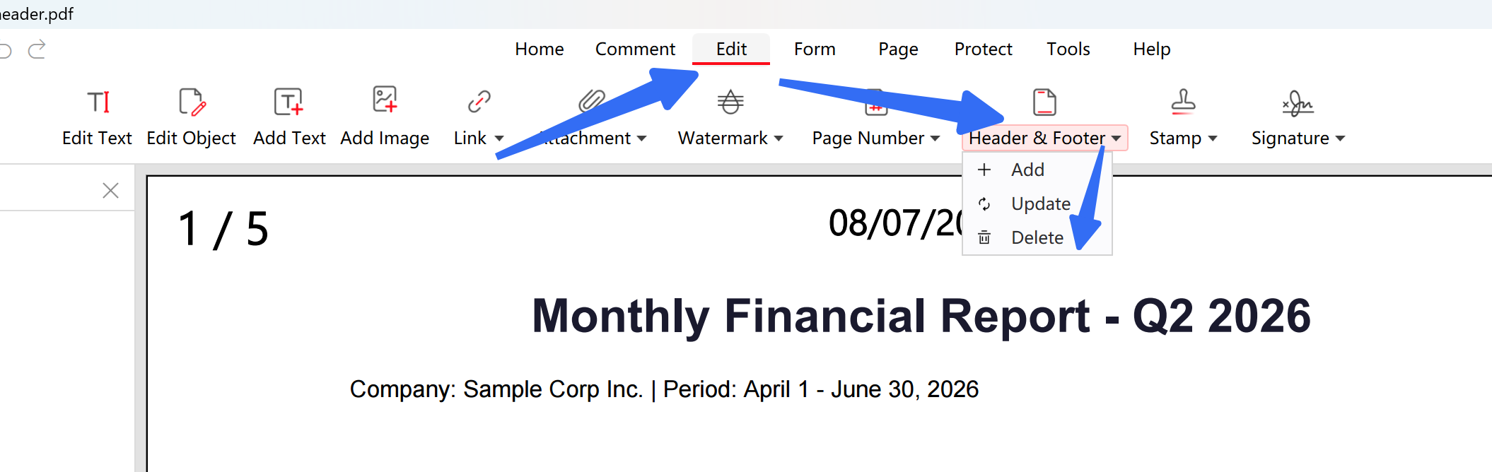 remove header and footer on pdfgear