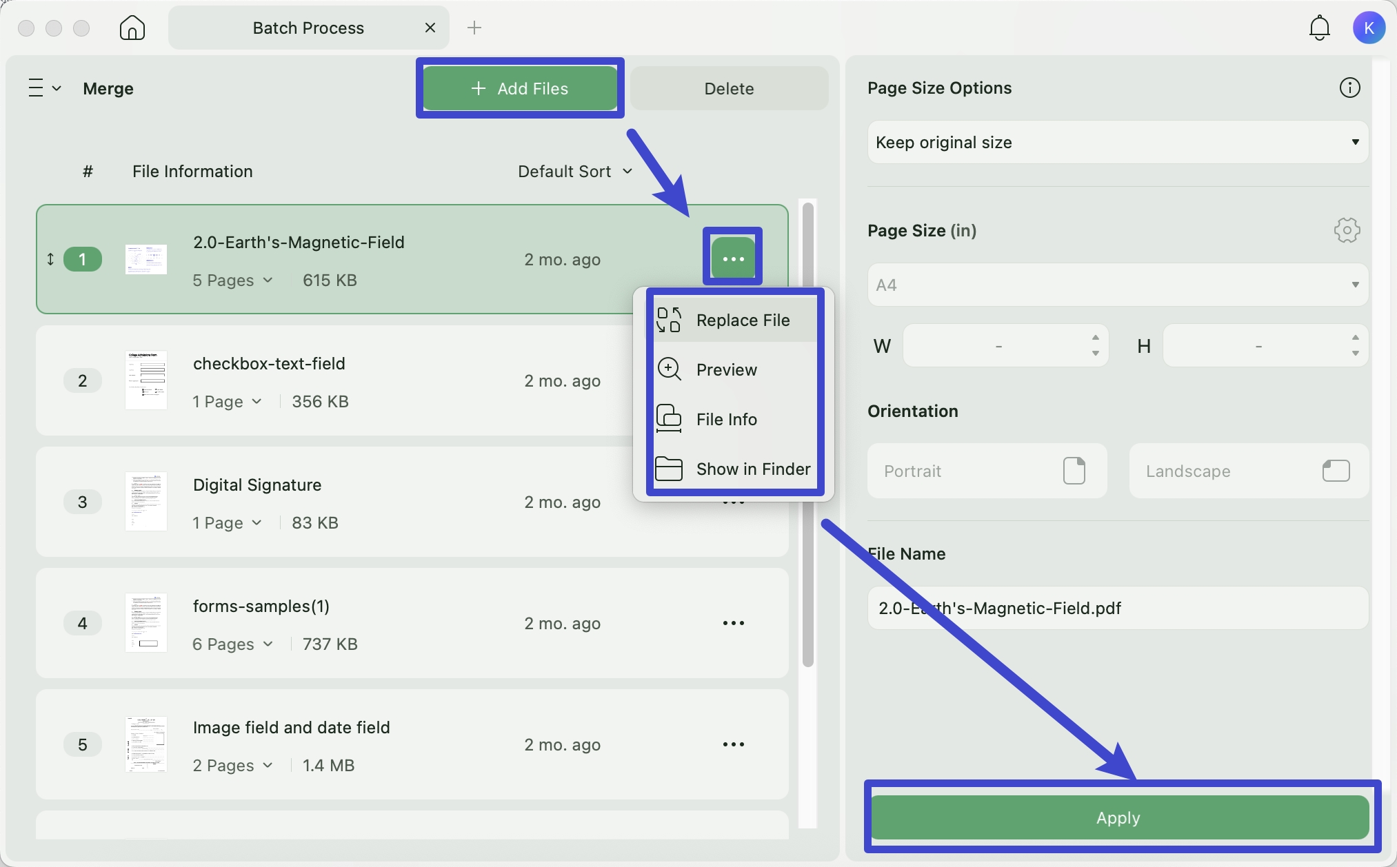 adjust the settings for the added files to merge files updf mac
