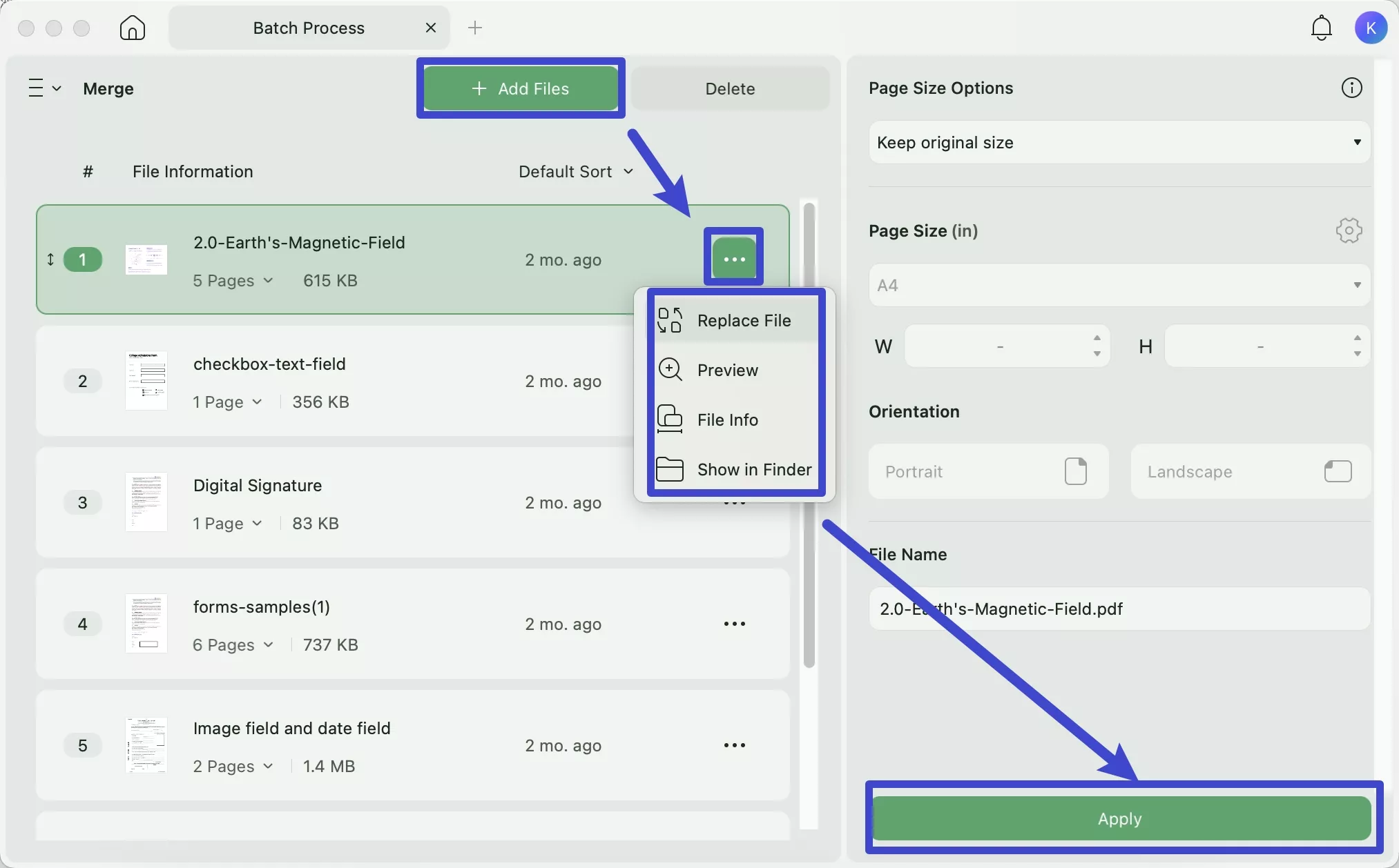 adjust the settings for the added files to merge files updf mac