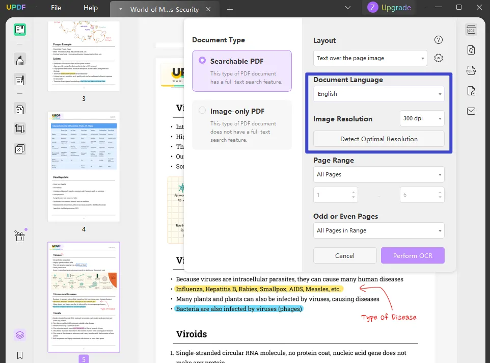 Customize the OCR settings to extract text from a pdf