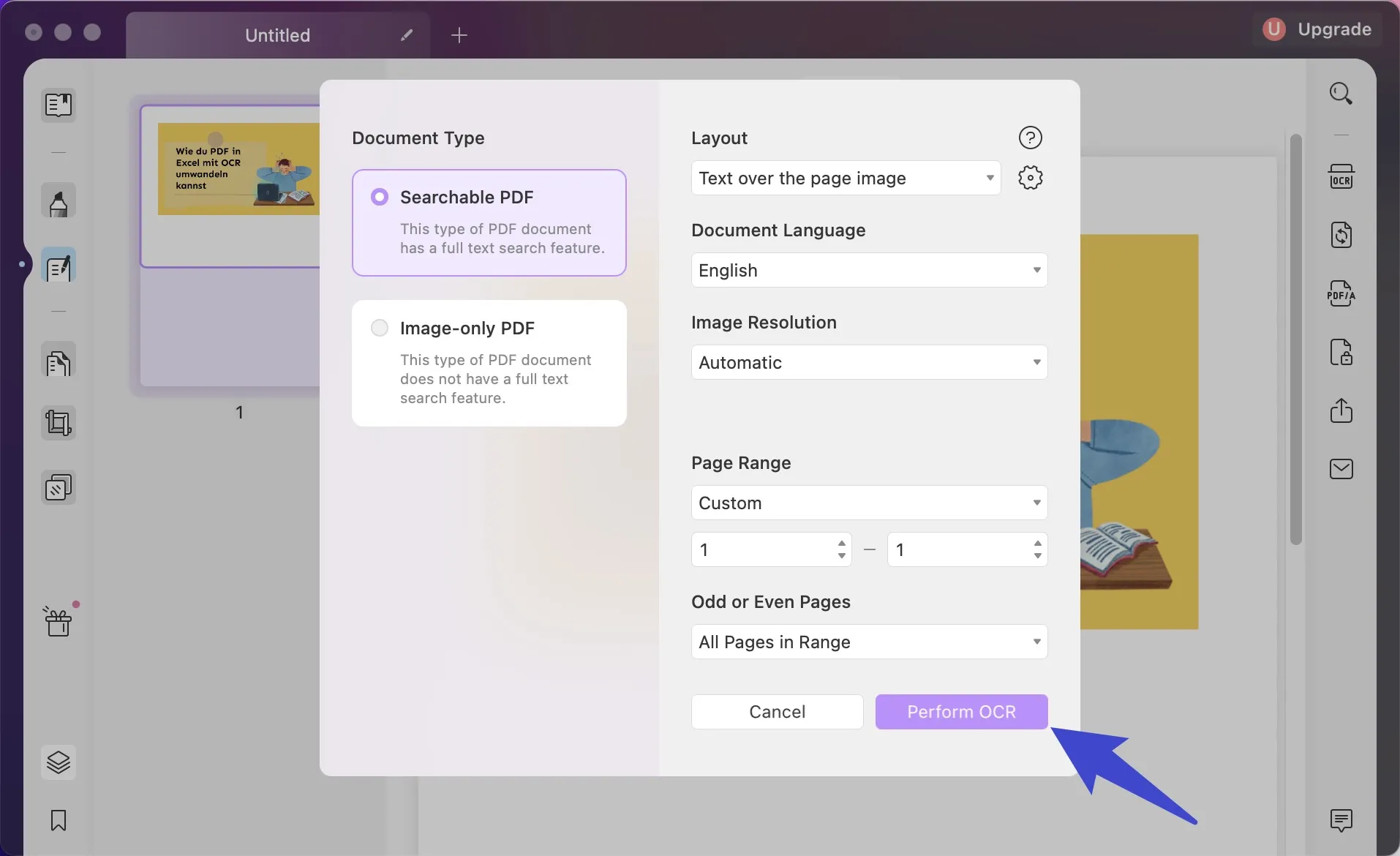 adjust settings and click Perform OCR on UPDF for Mac