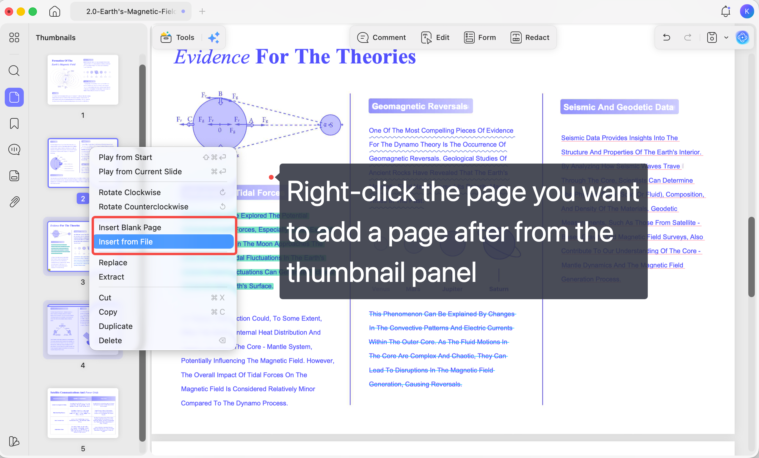 right-click the page you want to add a page after from the thumbnail panel