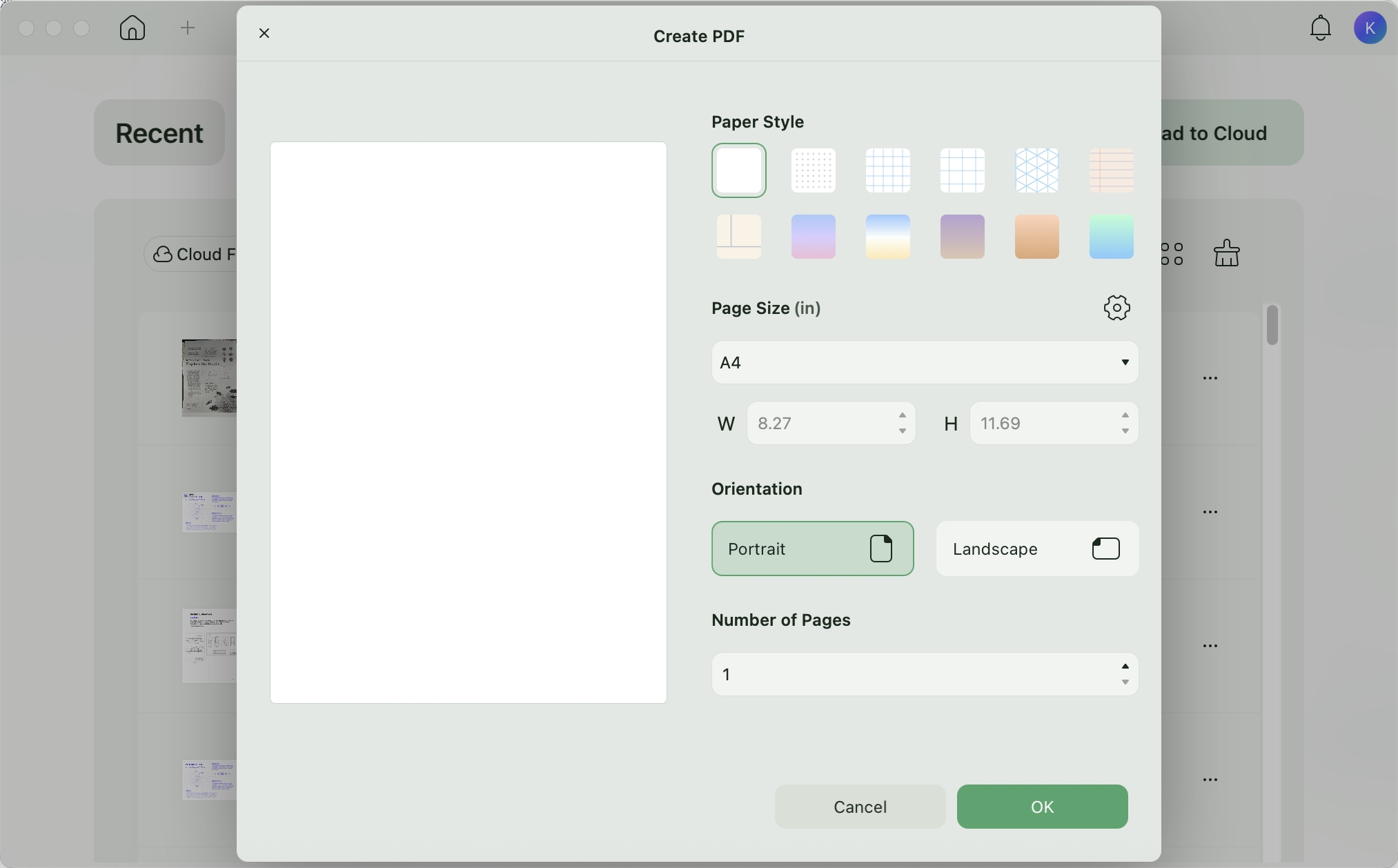 Settings to create a blank PDF with UPDF Mac