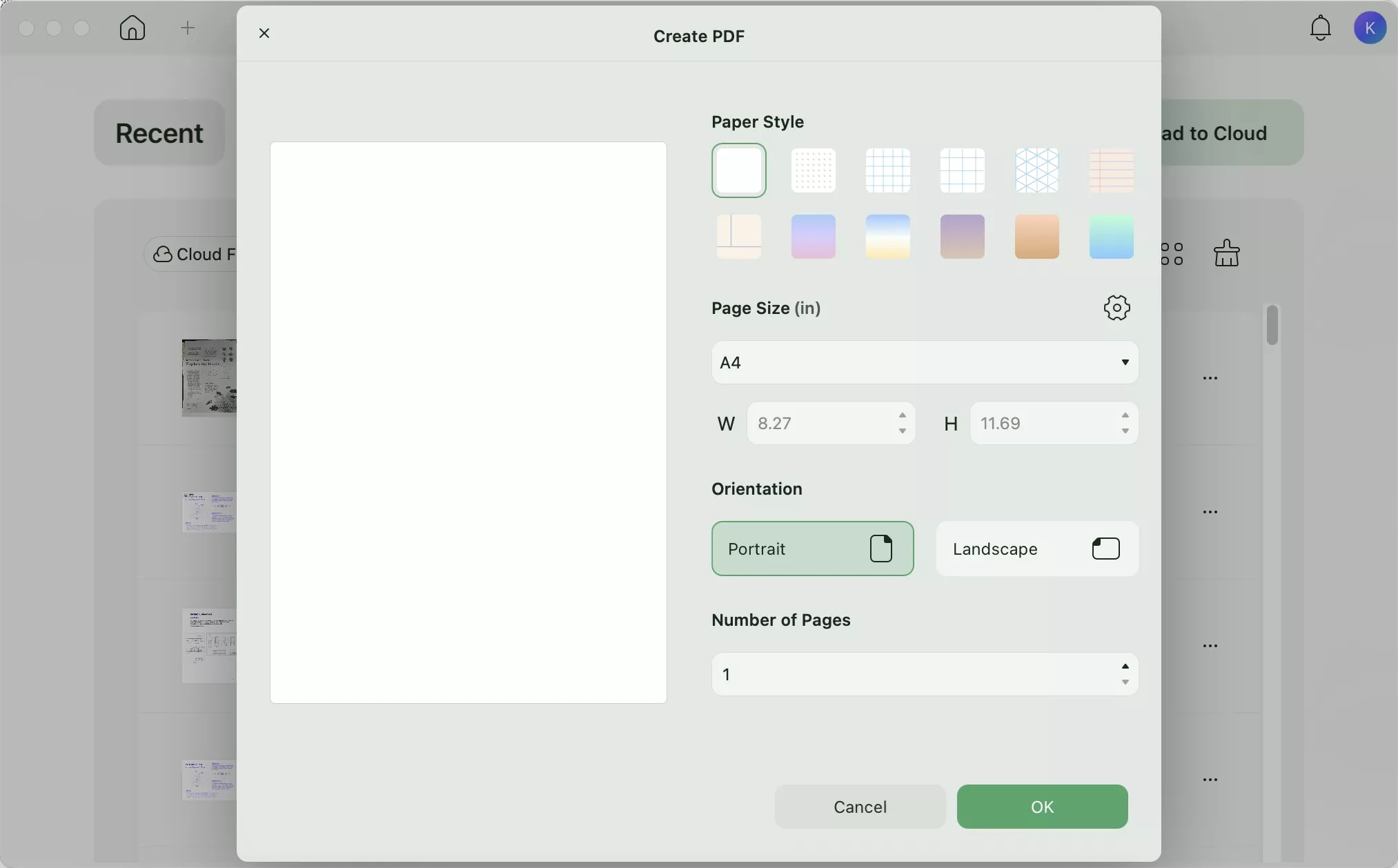 Settings to create a blank PDF with UPDF Mac