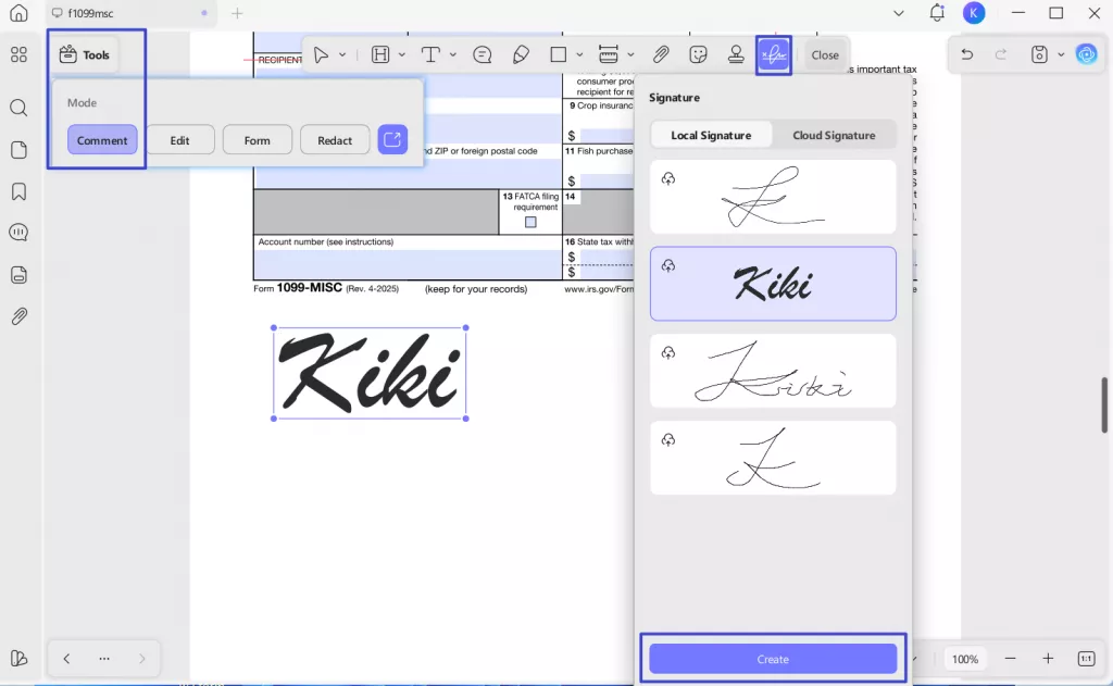 sign the form 1099 updf