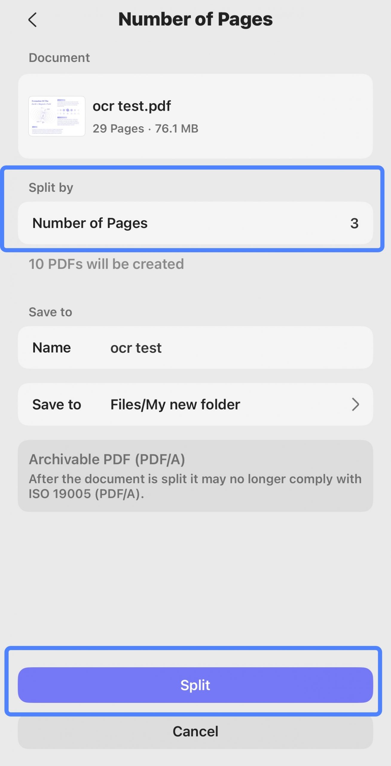 split by number of pages