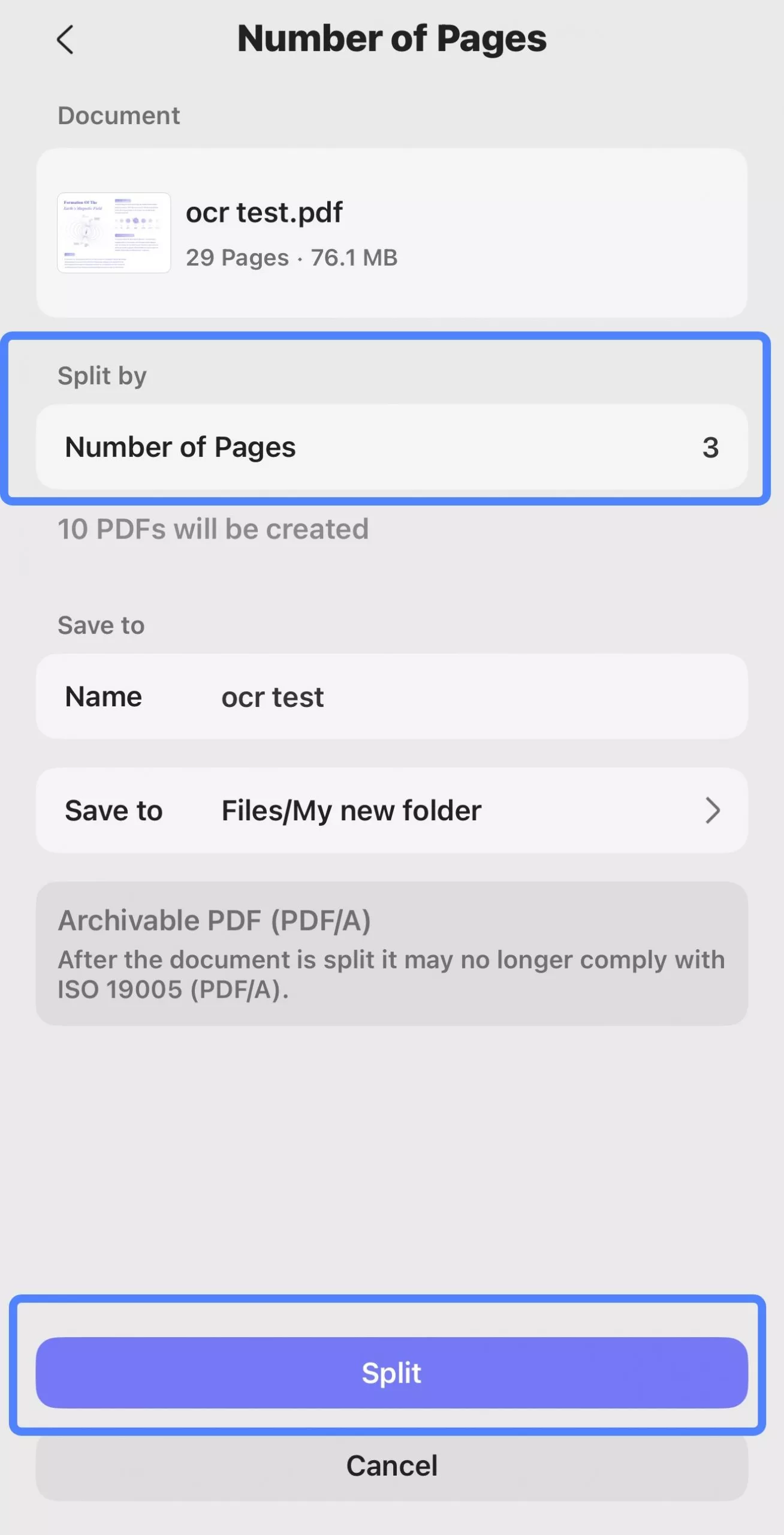 split by number of pages